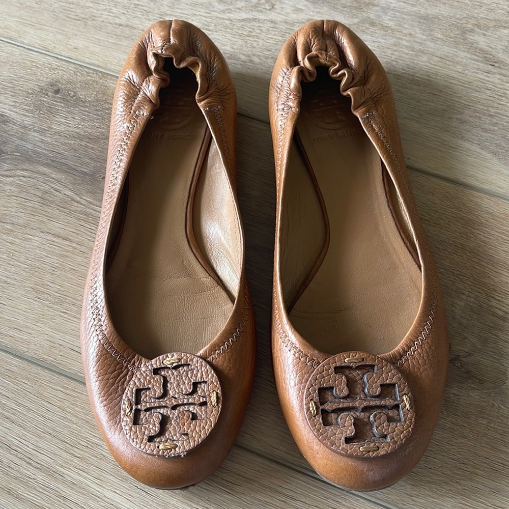 Tory Burch Tan Reva-Tumbled Leather Flats